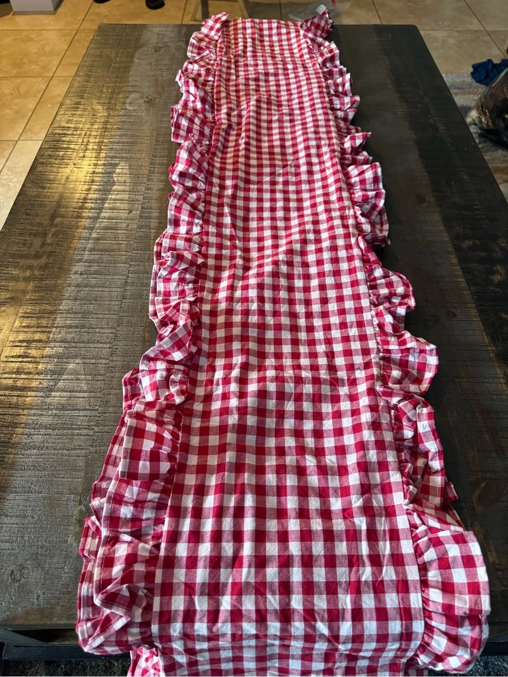 Gingham Ruffle  Red White Plaid Rustic Ruffled Edge Table Runner 118 x 13 inches